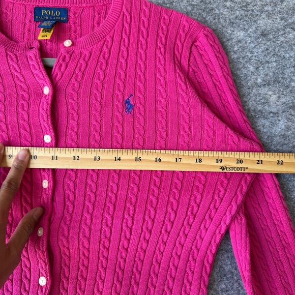 Polo Ralph Lauren Pink Cable Knit Cardigan Size L (12–14) Cotton Logo Sweater - Picture 10 of 11